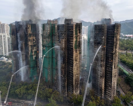Aerial photograph shows smoke rise from the buildings