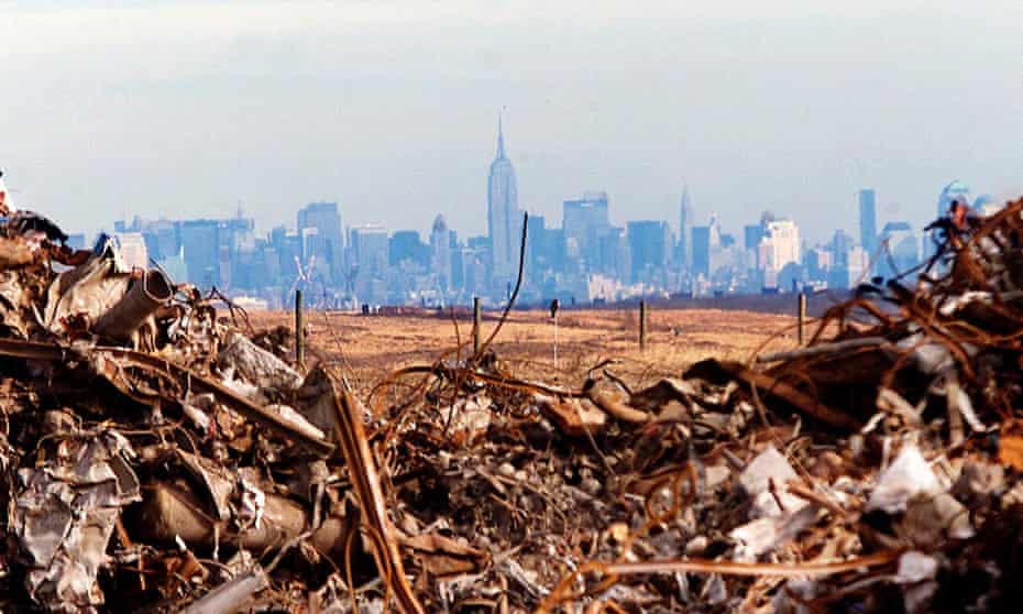 New York skyline framed by debris from the attacks on the World Trade Center.