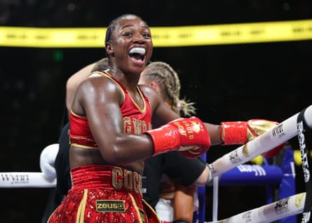 Claressa Shields reacts after defeating Kaye Scott by a sixth-round TKO on Sunday morning in Atlanta.