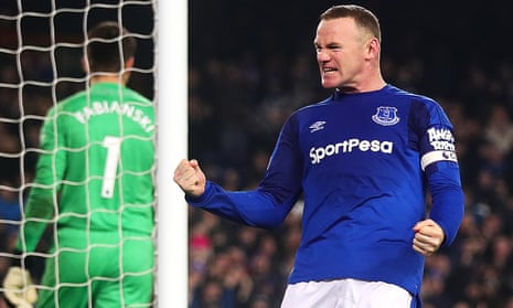 Wayne Rooney celebrates scoring Everton’s third goal from the penalty spot in the 3-1 win against Swansea City