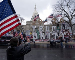 Protesters against the state’s extended stay-at-home order demonstrate in Lansing, Michigan in April.