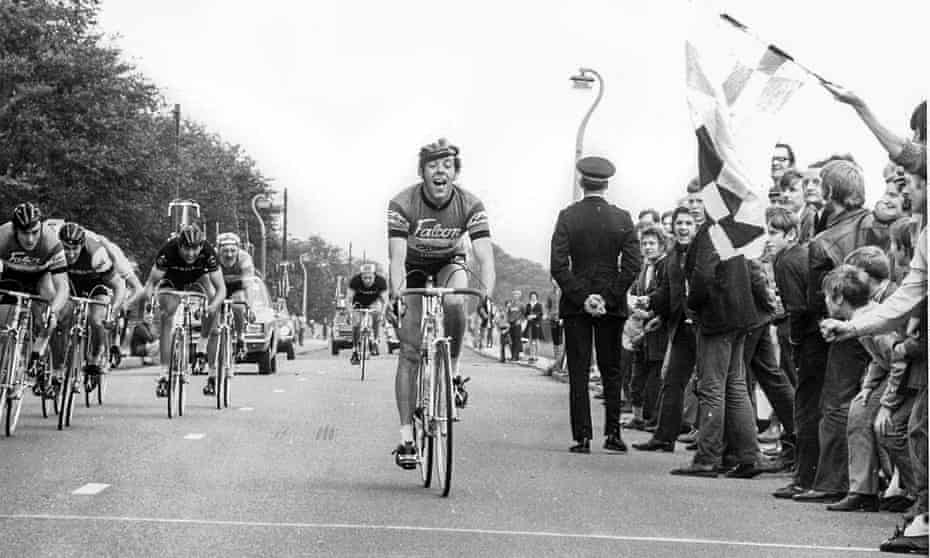 Jim Moore winning the Tom Simpson Memorial road race in Harworth, Nottinghamshire, in 1972