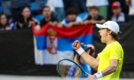 Australia’s Alex de Minaur celebrates winning his match against Novak Djokovic at the United Cup in Perth.