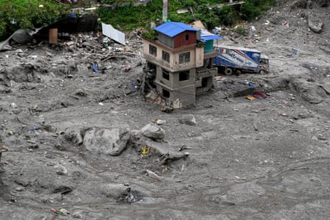 An aerial view shows houses damaged in Nepal