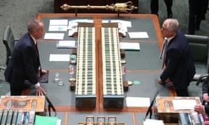 Prime minister Malcolm Turnbull and opposition leader Bill Shorten after question time in the house of representatives in parliament house Canberra, 21 May 2018.