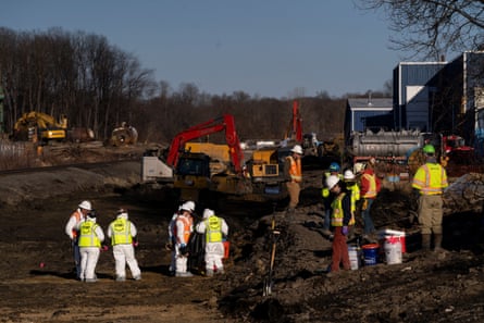 Ohio EPA and EPA contractors collect soil and air samples from the derailment site on 9 March 2023 in East Palestine, Ohio.