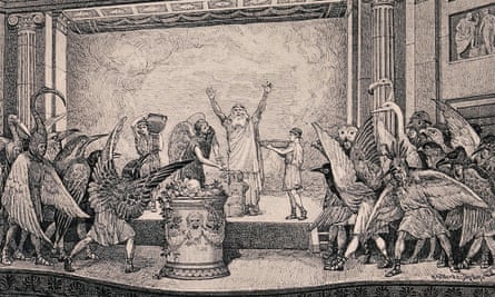 A 19th-century etching of actors in bird costumes on stage
