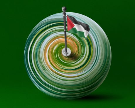 The surface of the earth spinning like a vortex with a Palestinian flag at the center.