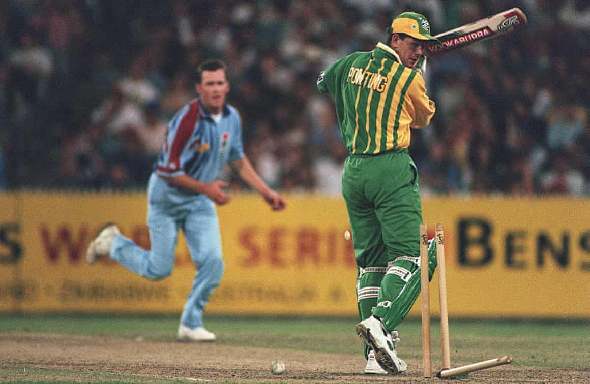 Ricky Ponting in the Australia ‘A’ team shirt, dismissed by Craig White.