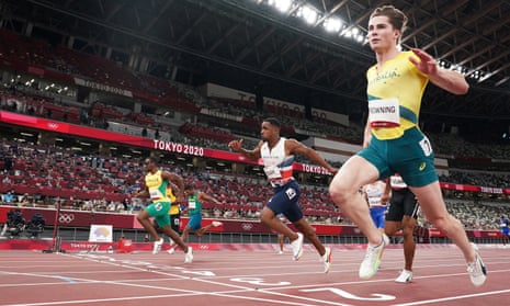 Rohan Browning crosses the line to become the first Australian to win a heat in the Olympic men’s 100m since 1956