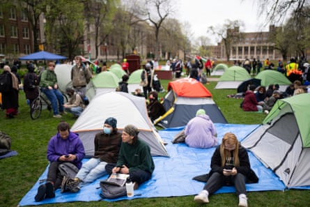 people sitting near camping tents on a college campus at a pro-Gaza protest