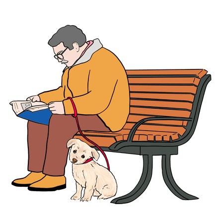 Illustration of a man on a bench with a dog