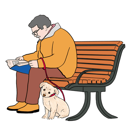 Illustration of a man on a bench with a dog