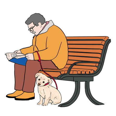 Illustration of a man on bench with dog