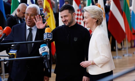 European Commission President Ursula von der Leyen, right, Ukraine’s President Volodymyr Zelenskyy, center, and European Council President Antonio Costa speak with the media as they arrive for an EU Summit at the European Council building in Brussels.