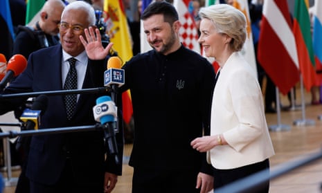 (left to right) European council president Antonio Costa, Ukrainian president Volodymyr Zelenskyy and European Commission president Ursula von der Leyen in Brussels.