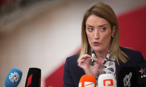 President of the European Parliament Roberta Metsola speaks to the media as she arrives for a European Council in Brussels, Belgium, 14 December 2023.