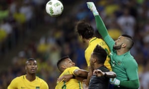 Brazil goalkeeper Weverton punches the ball away during the final match of the men’s Olympic football tournament between Brazil and Germany at the Maracana stadium in Rio de Janeiro, Brazil, Saturday Aug. 20, 2016. (AP Photo/Andre Penner)
