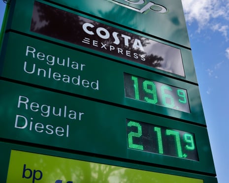 A BP station sign shows diesel priced at ã2.17 per litre against a blue sky
