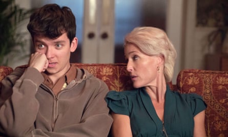 Asa Butterfield and Gillian Anderson in Sex Education.,
