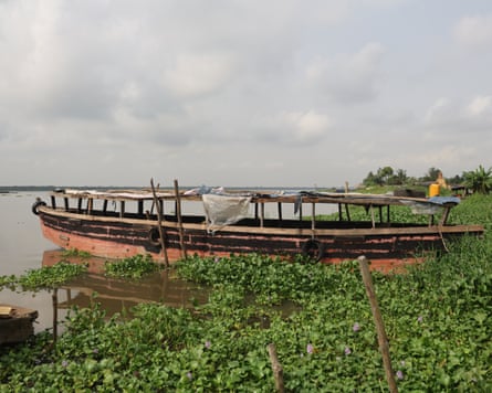 ‘The water is no longer our friend’: how dredging is pushing Lagos Lagoon towards ecosystem collapse – photo essay A wooden boat moored in water plants at the edge of a bay.