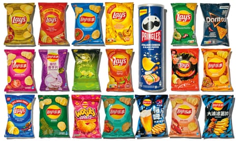 A composite image of bags of crisps and a tube of Pringles from around the world