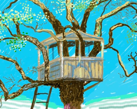 A painting of a treehouse with a green-blue sky behind it