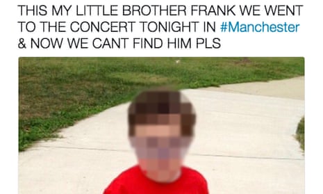 A tweet that used a photo of a child clothing model but claimed it was the user’s brother who went missing after the Manchester attack (image pixelated by the Guardian).