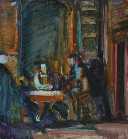 Dark painting of someone sitting