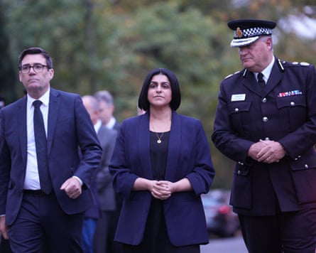 Shabana Mahmood visits the scene of the Manchester synagogue attack on Thursday, with the mayor of Greater Manchester Andy Burnham, and Chief Constable Sir Stephen Watson