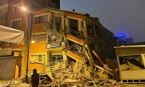 A view of the destroyed building after 7.4 magnitude earthquake jolts Turkiye's Kahramanmaras province