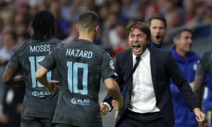 Antonio Conte celebrates Chelsea’s equaliser with Eden Hazard and Victor Moses during a victory at Atlético Madrid that he says took ‘a lot of physical and mental energy’.