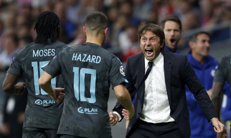 Chelsea coach Antonio Conte, center, celebrates with his players after Chelsea’s Alvaro Morata scored his side’s first goal during a Champions League group C soccer match between Atletico Madrid and Chelsea at the Wanda Metropolitano stadium in Madrid, Spain, Wednesday, Sept. 27, 2017. (AP Photo/Francisco Seco)