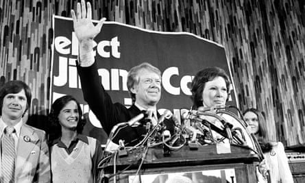 Jimmy Carter and his wife Rosalynn waving to supporters in Philadelphia as he claims victory in the Pennsylvania primary election, April 1976.