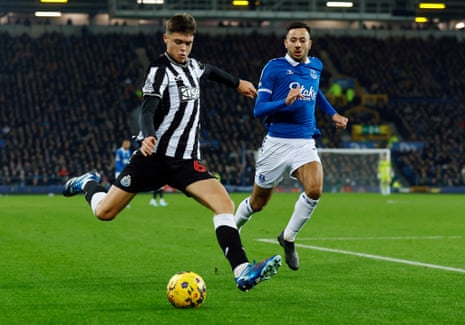 Lewis Miley in action with Everton's Dwight McNeil.