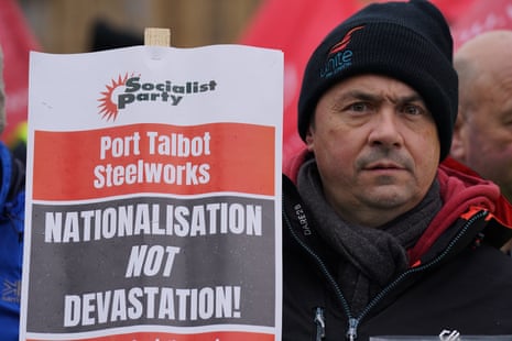 Workers from Tata's Port Talbot steelworks gathered at College Green, in Westminster, today.