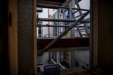 Scaffolding seen through a window