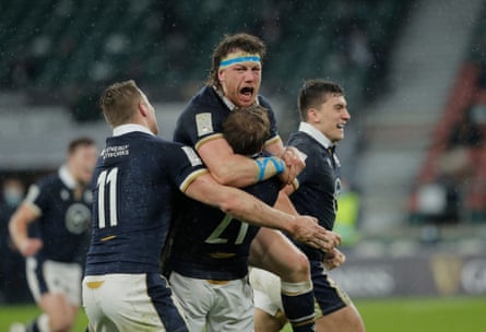 Hamish Watson celebrates Scotland’s win with teammates