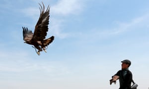 A Kyrgyz performs with his eagle during the Salburun festival as part of the Nowruz celebrations.