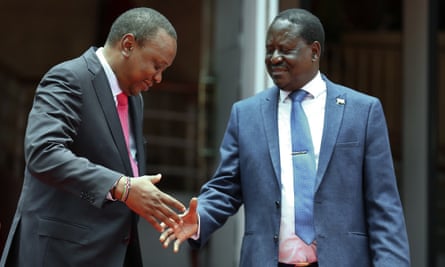 President Uhuru Kenyatta, left, with the opposition leader Raila Odinga after announcing an agreement to work together and end violence around elections, out of which came the BBI.