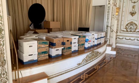 This image, contained in the indictment against former President Donald Trump, shows boxes of records being stored on the stage in the White and Gold Ballroom at Trump’s Mar-a-Lago estate in Palm Beach, Fla. Trump is facing 37 felony charges related to the mishandling of classified documents according to an indictment unsealed Friday, June 9, 2023. (Justice Department via AP)