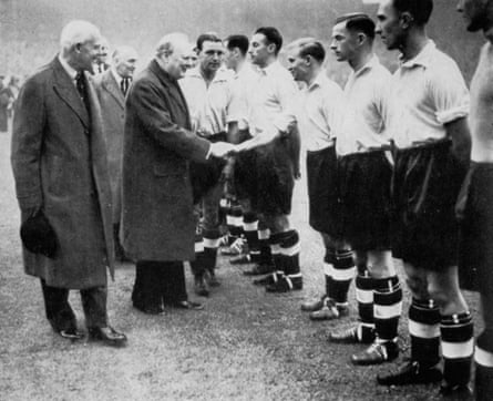 Winston Churchill greeting the England football team in 1941.