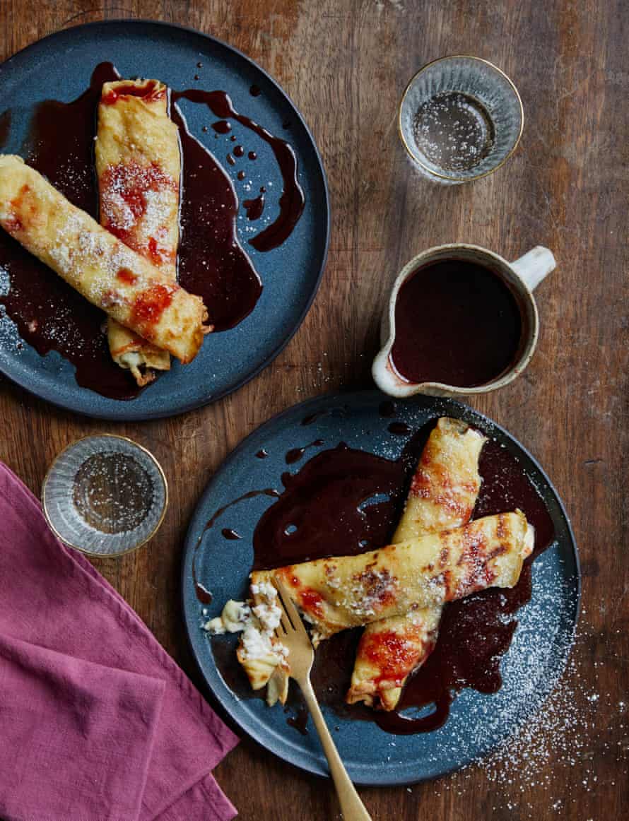 Alex Jackson’s baked stuffed pancakes with sour cherry sauce.