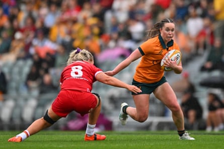 Tia Hinds makes a break for the Wallaroos against Wales