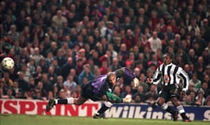 Asprilla scores Newcastle’s third goal.