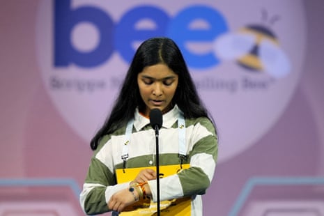 Harini Murali, 13, of Edison, New Jersey, competes in the finals of the Scripps National Spelling Bee on Thursday night.