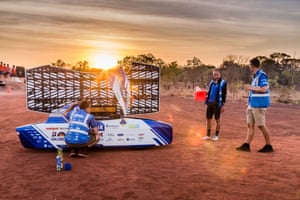 Belgium’s Agoria Solar Team drive their solar car, Bluepoint, in Dunmarra