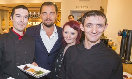 Leonardo DiCaprio poses with (l-r) Joe Hart, Biffy Mackay and Sonny Murray at Home restaurant in 2016