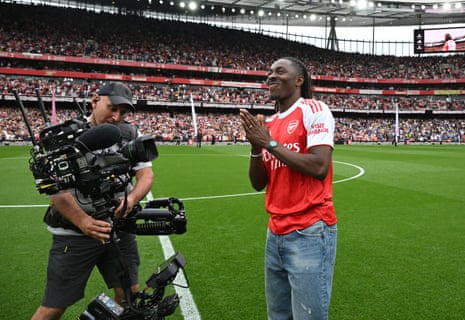Eberechi Eze smiles as he is unveiled as an Arsenal player at the Emirates Stadium