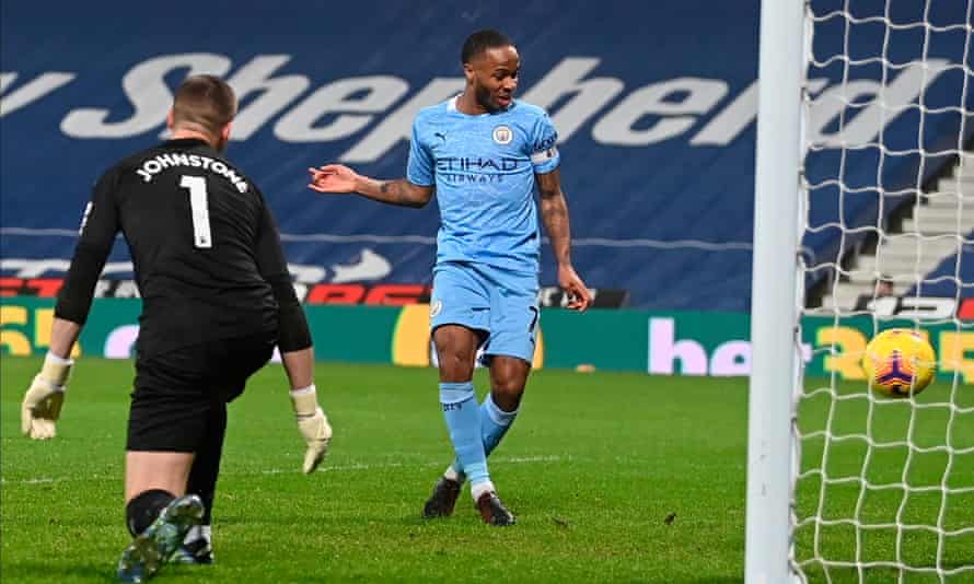 Raheem Sterling scores Manchester City’s fifth goal.